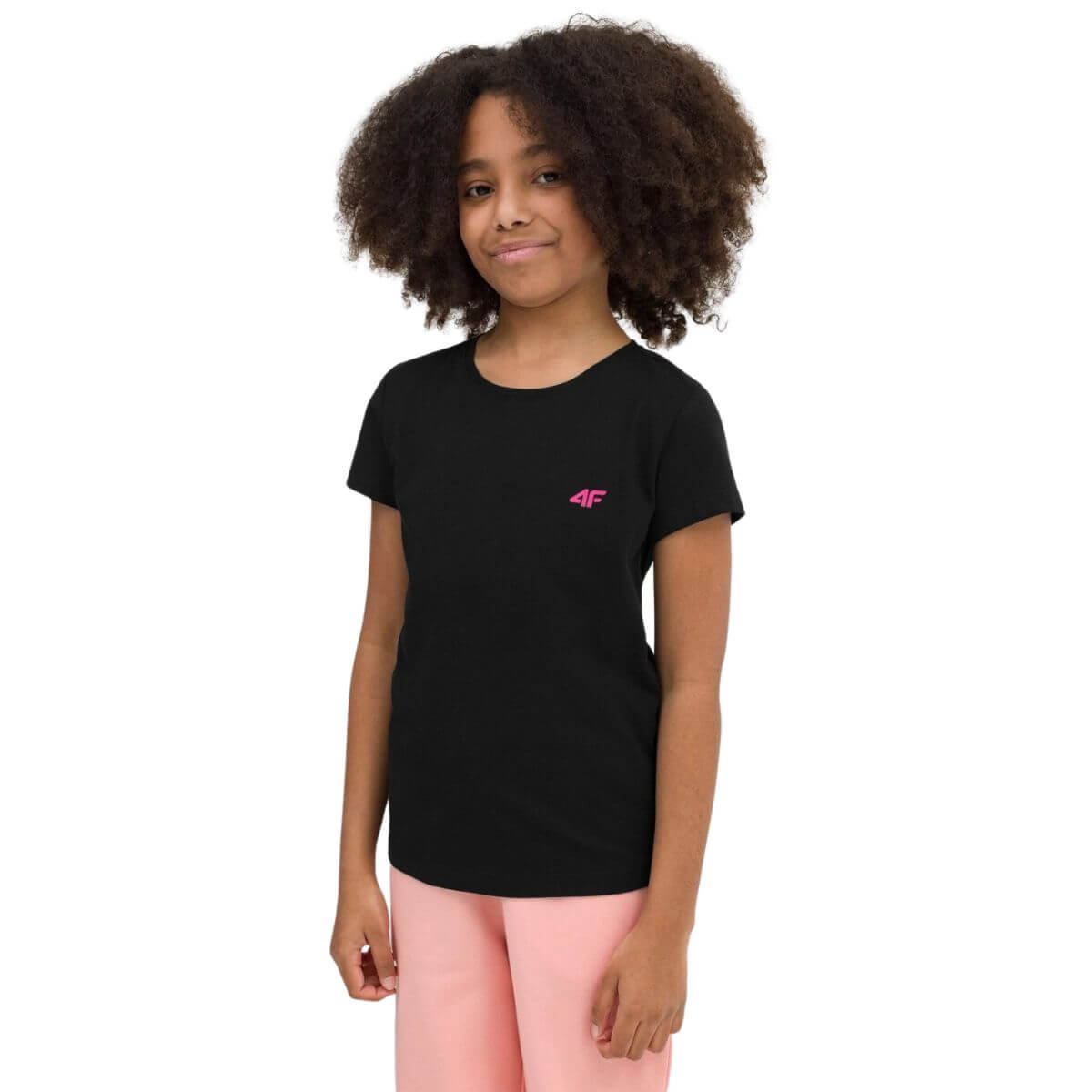 Polera 4F Nina Negro logo Fucsia